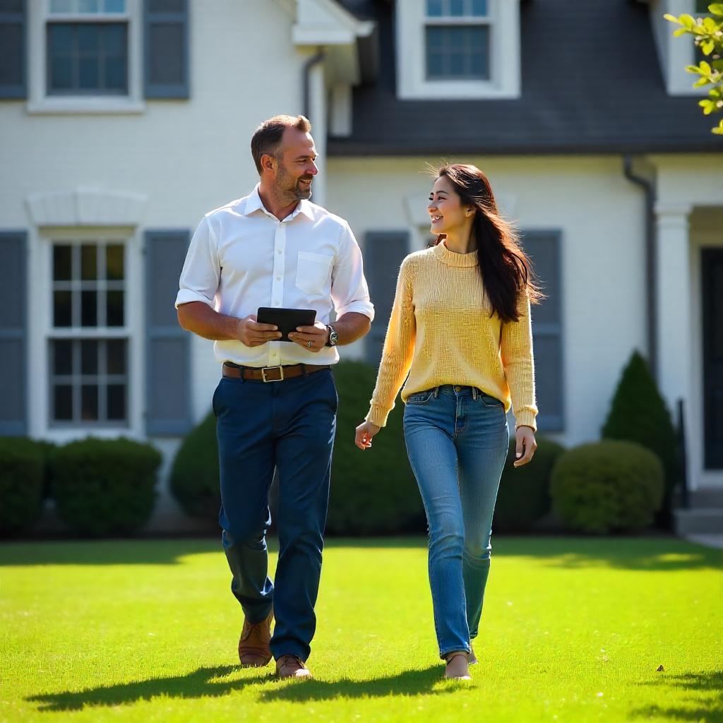 Happy family outside their home